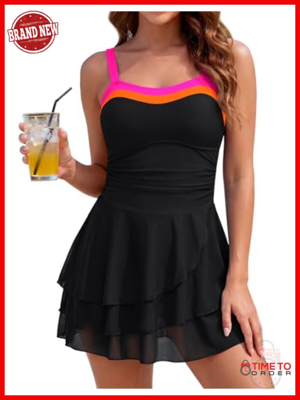 Modest One Piece Swim Dress with Mesh Skirt Tummy Control Ruched - Picture 1 of 6